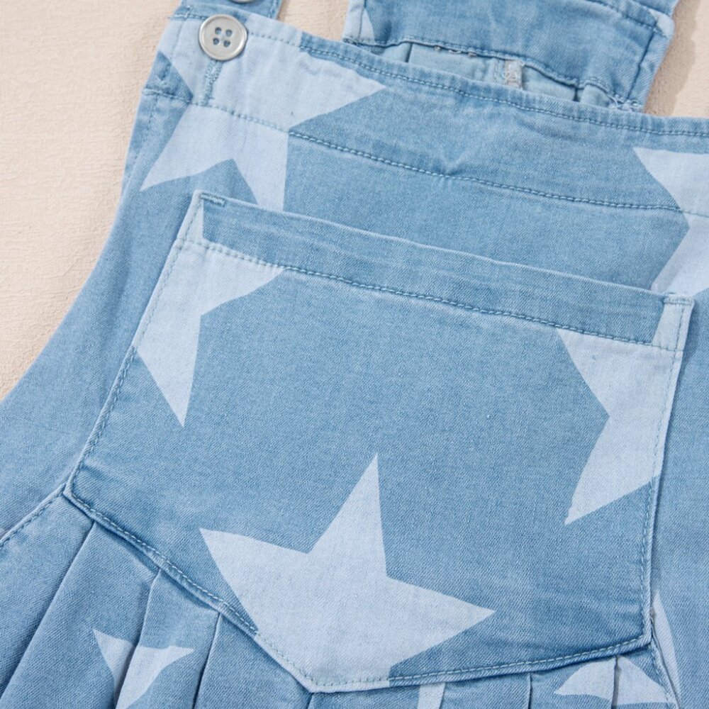 B244 Light Blue Star Printed Buttoned Straps Pocketed Denim Romper - Picture 12 of 14